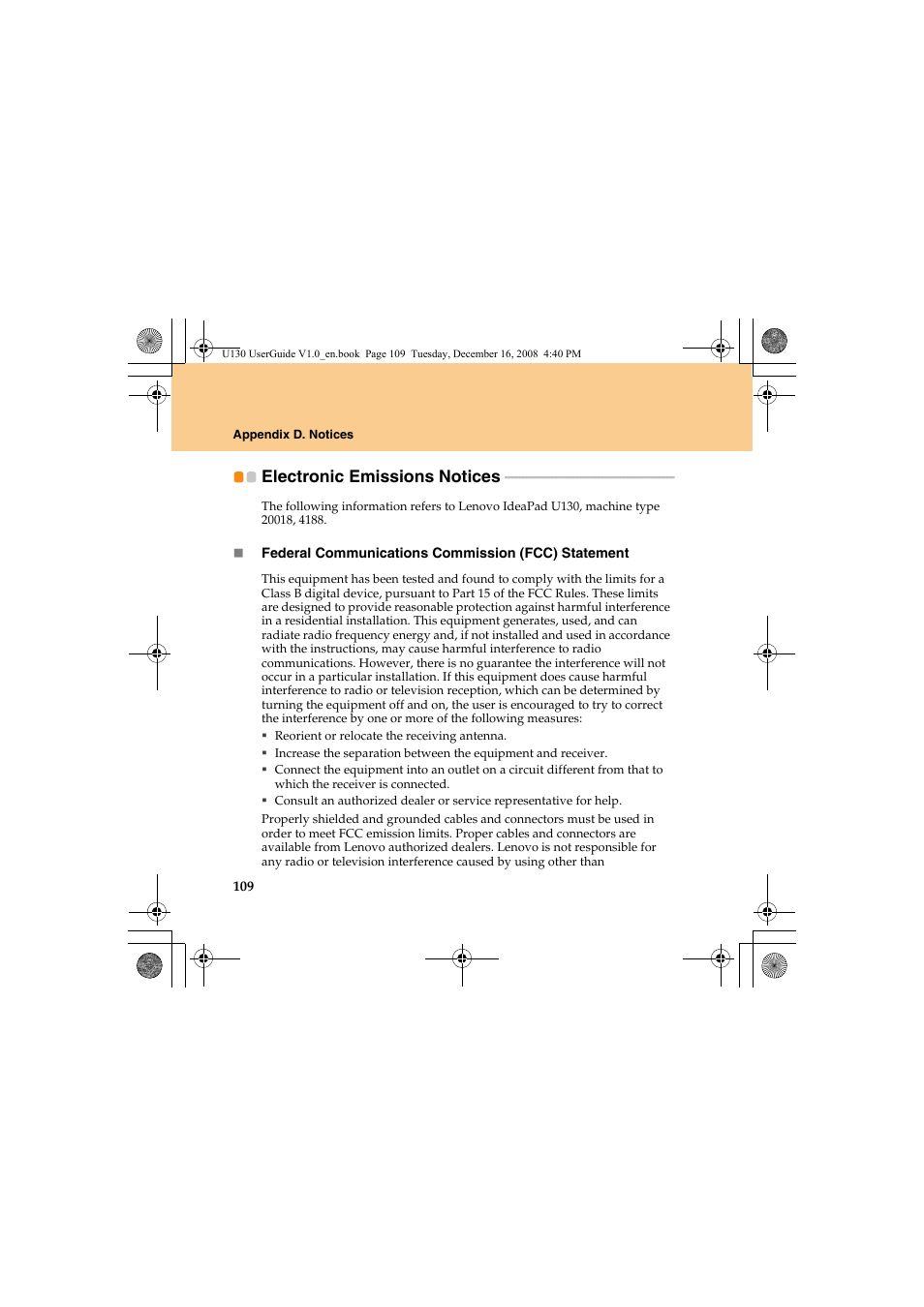 Electronic emissions notices, Electronic emissions notices . 109 | Lenovo IdeaPad U130 User Manual | Page 118 / 136