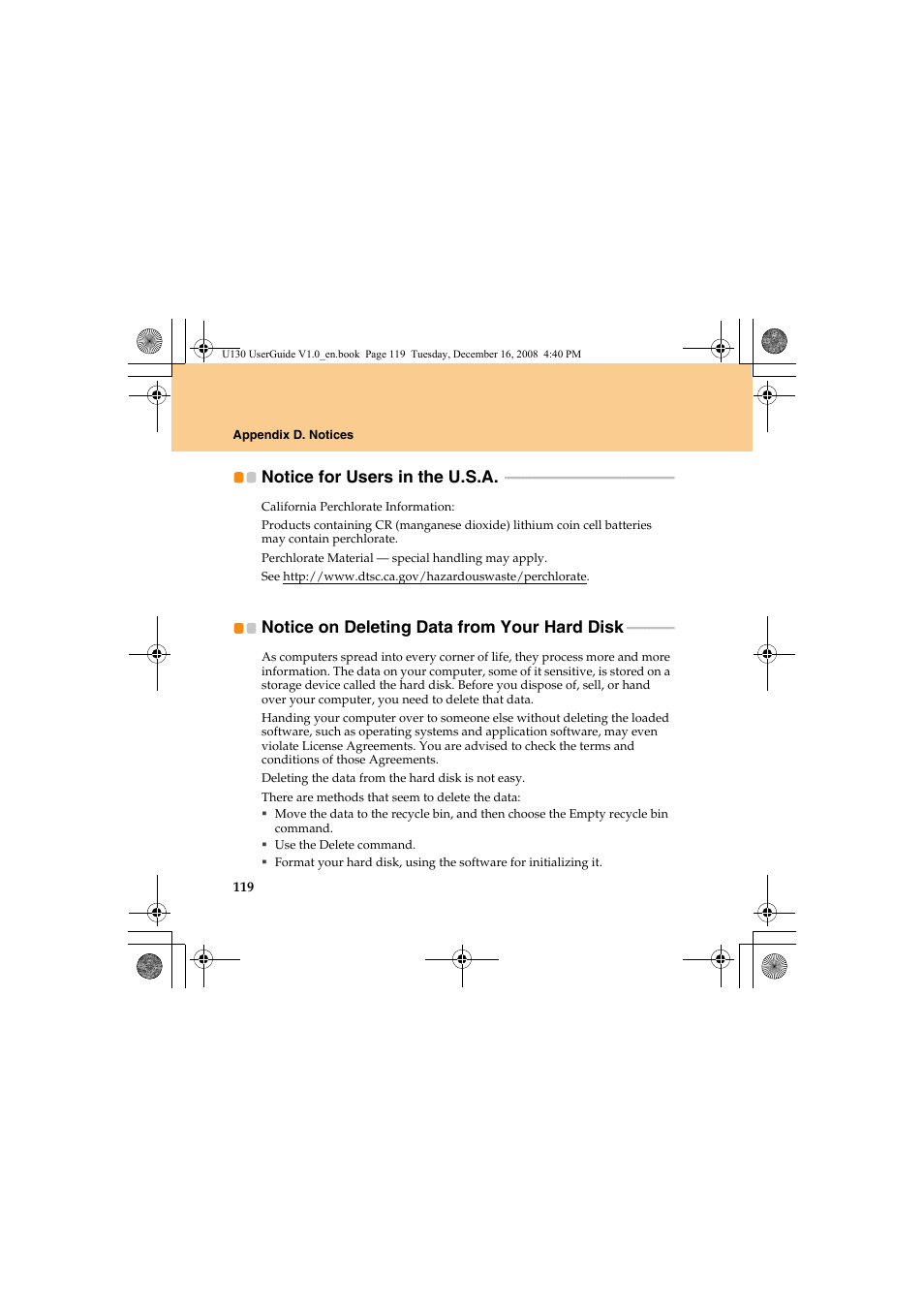 Notice for users in the u.s.a, Notice on deleting data from your hard disk, Notice for users | In the u.s.a, Notice on deleting data from, Your hard disk | Lenovo IdeaPad U130 User Manual | Page 128 / 136