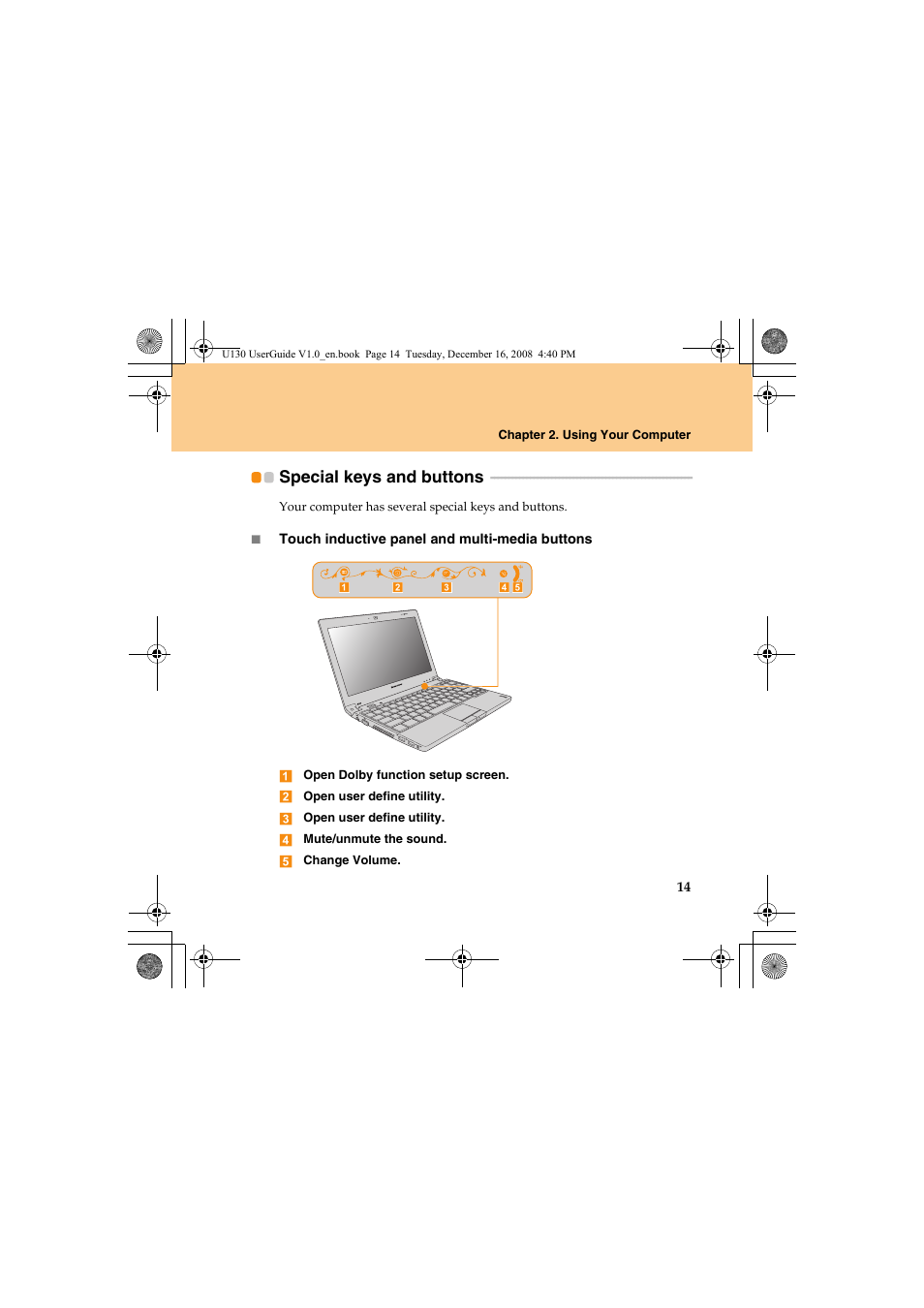 Special keys and buttons | Lenovo IdeaPad U130 User Manual | Page 23 / 136