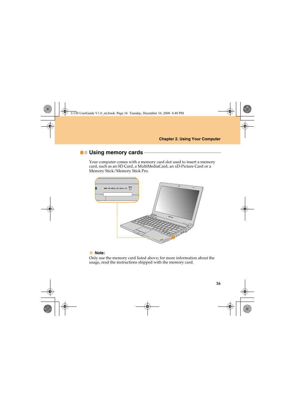 Using memory cards | Lenovo IdeaPad U130 User Manual | Page 25 / 136