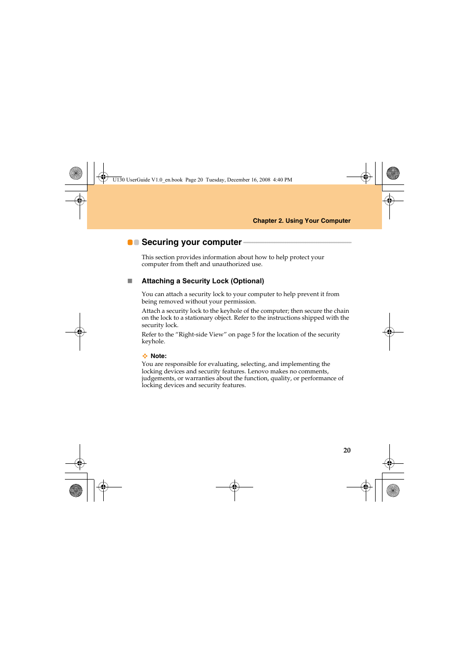 Securing your computer | Lenovo IdeaPad U130 User Manual | Page 29 / 136