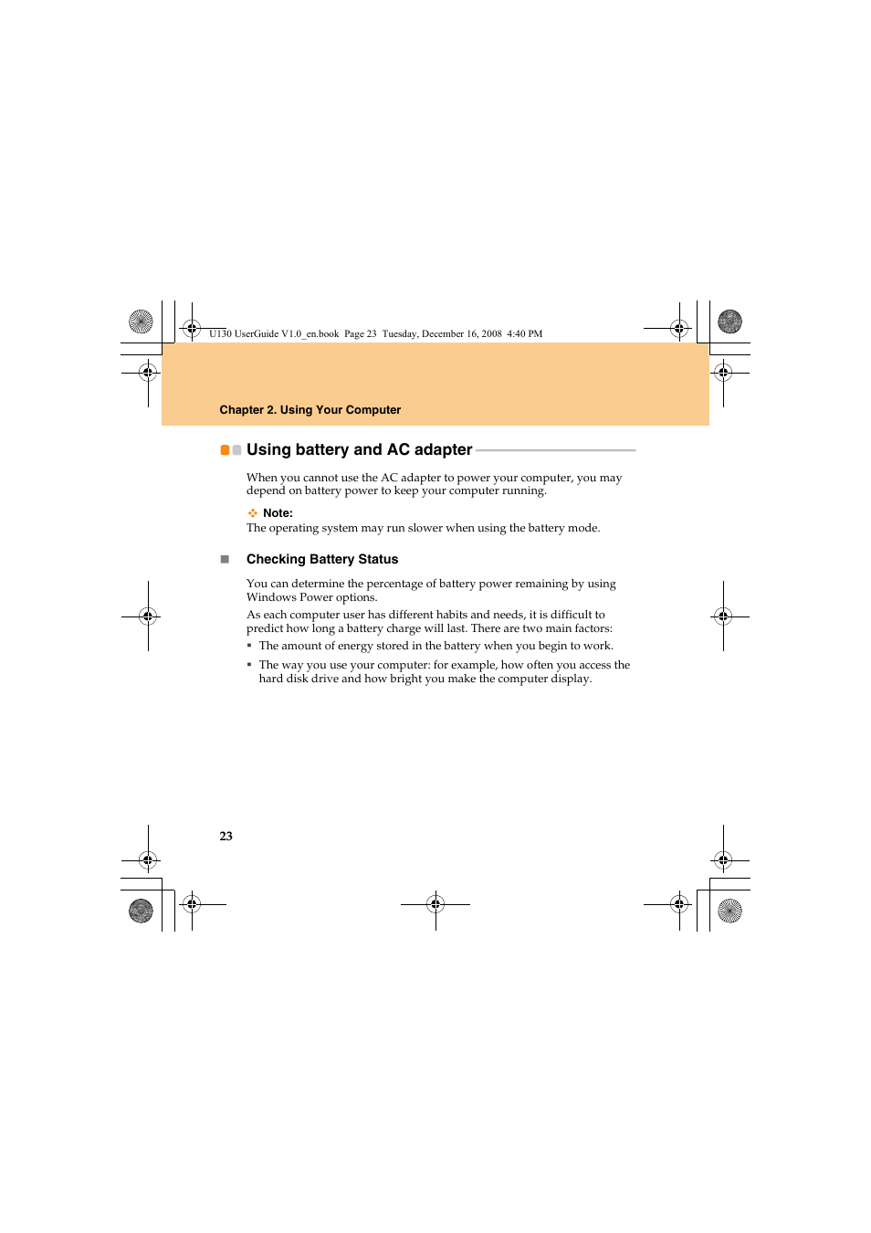 Using battery and ac adapter, Using battery and ac adapter . 23 | Lenovo IdeaPad U130 User Manual | Page 32 / 136