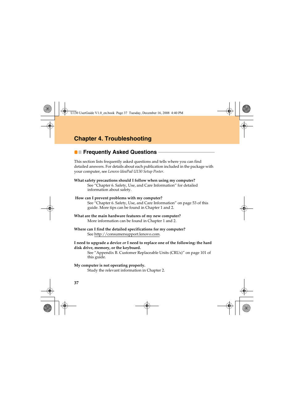 Chapter 4. troubleshooting, Frequently asked questions | Lenovo IdeaPad U130 User Manual | Page 46 / 136