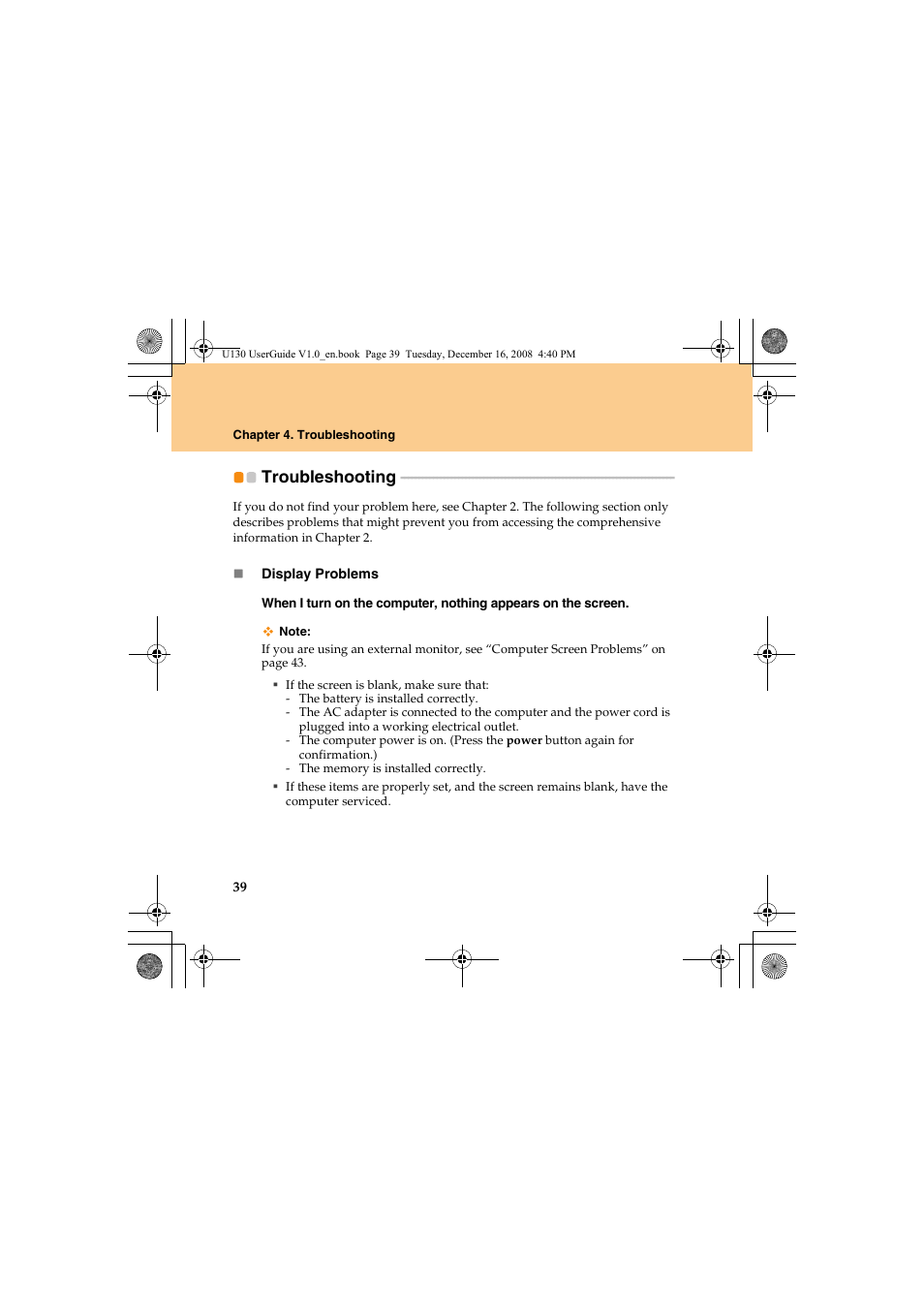Troubleshooting | Lenovo IdeaPad U130 User Manual | Page 48 / 136