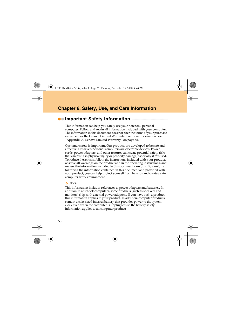 Chapter 6. safety, use, and care information, Important safety information | Lenovo IdeaPad U130 User Manual | Page 62 / 136