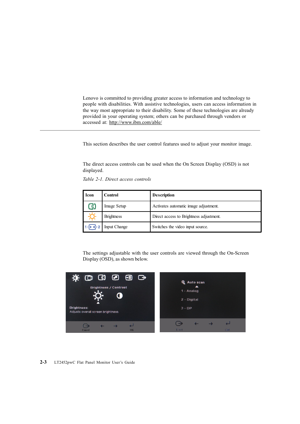 Accessibility information, Adjusting your monitor image, Using the direct access controls | Using the on-screen display (osd) controls | Lenovo ThinkVision LT2452p Wide 24in LCD Monitor User Manual | Page 18 / 42
