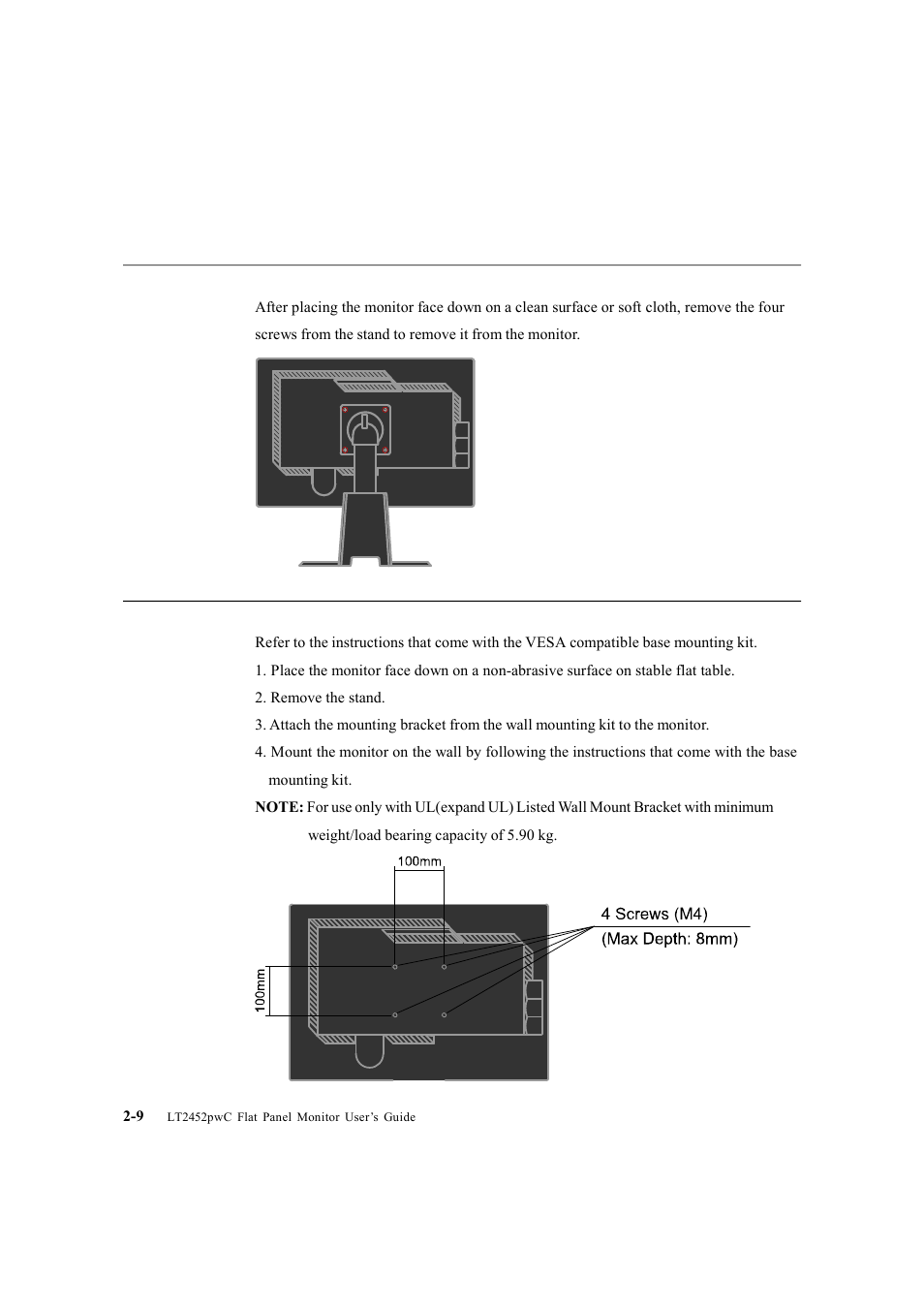 Detaching the monitor stand, Wall mounting (optional) | Lenovo ThinkVision LT2452p Wide 24in LCD Monitor User Manual | Page 24 / 42