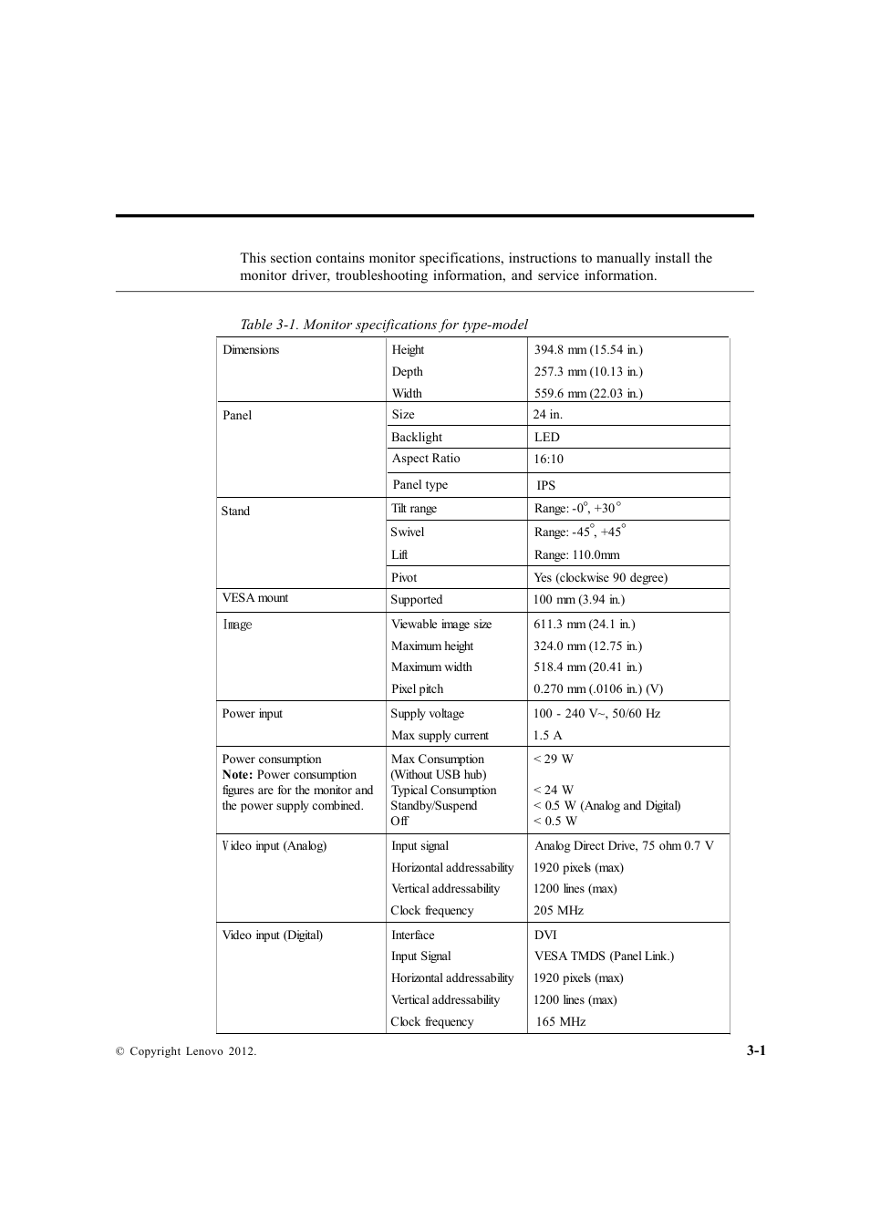 Chapter 3. reference information -1, Monitor specifications -1, Chapter 3. reference information | Monitor specifications | Lenovo ThinkVision LT2452p Wide 24in LCD Monitor User Manual | Page 25 / 42