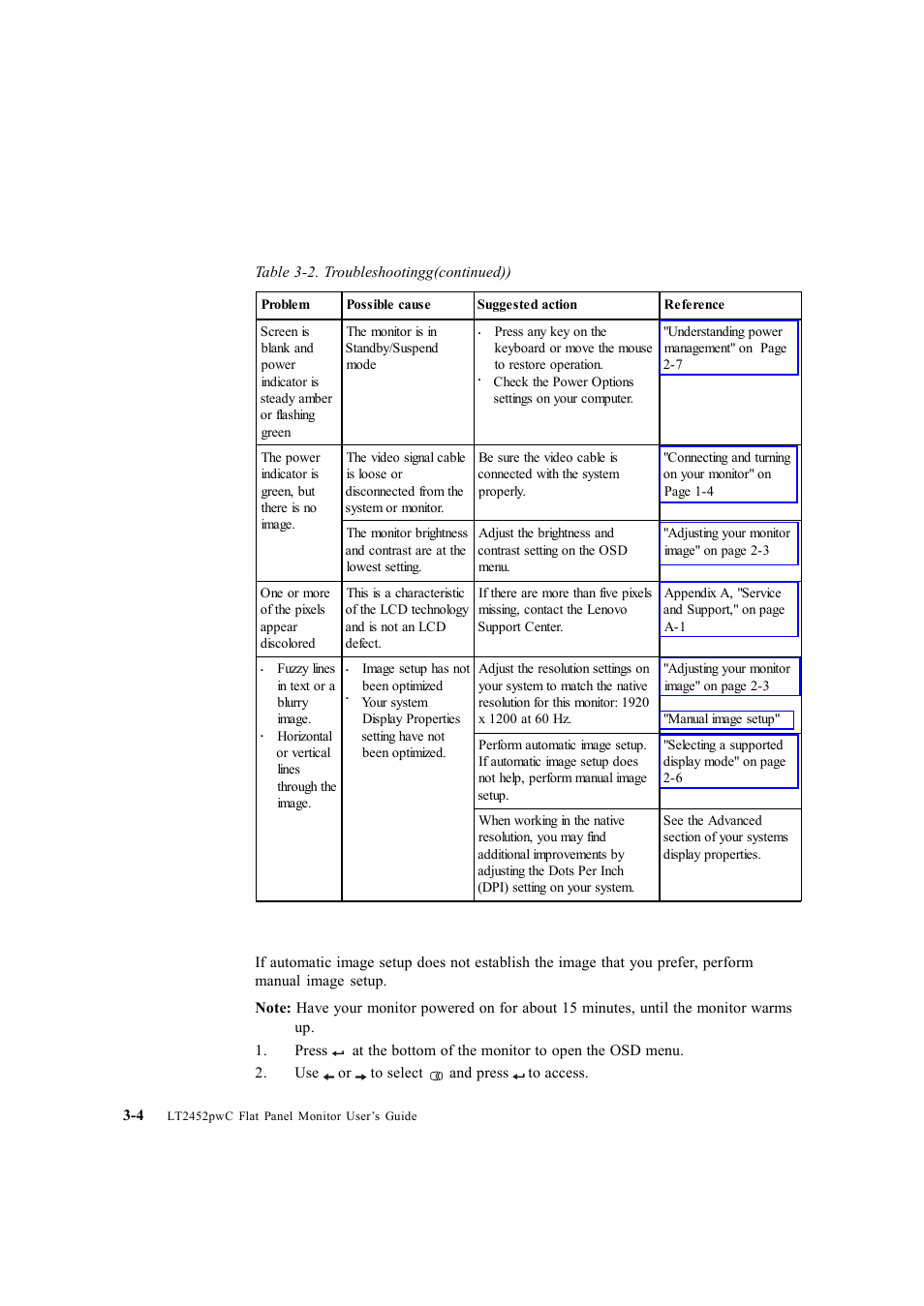 Manual image setup -4, Manual image setup | Lenovo ThinkVision LT2452p Wide 24in LCD Monitor User Manual | Page 28 / 42