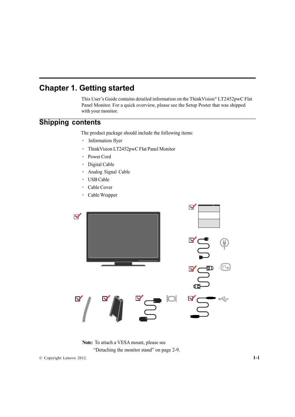 Chapter 1. getting started, Shipping contents | Lenovo ThinkVision LT2452p Wide 24in LCD Monitor User Manual | Page 5 / 42