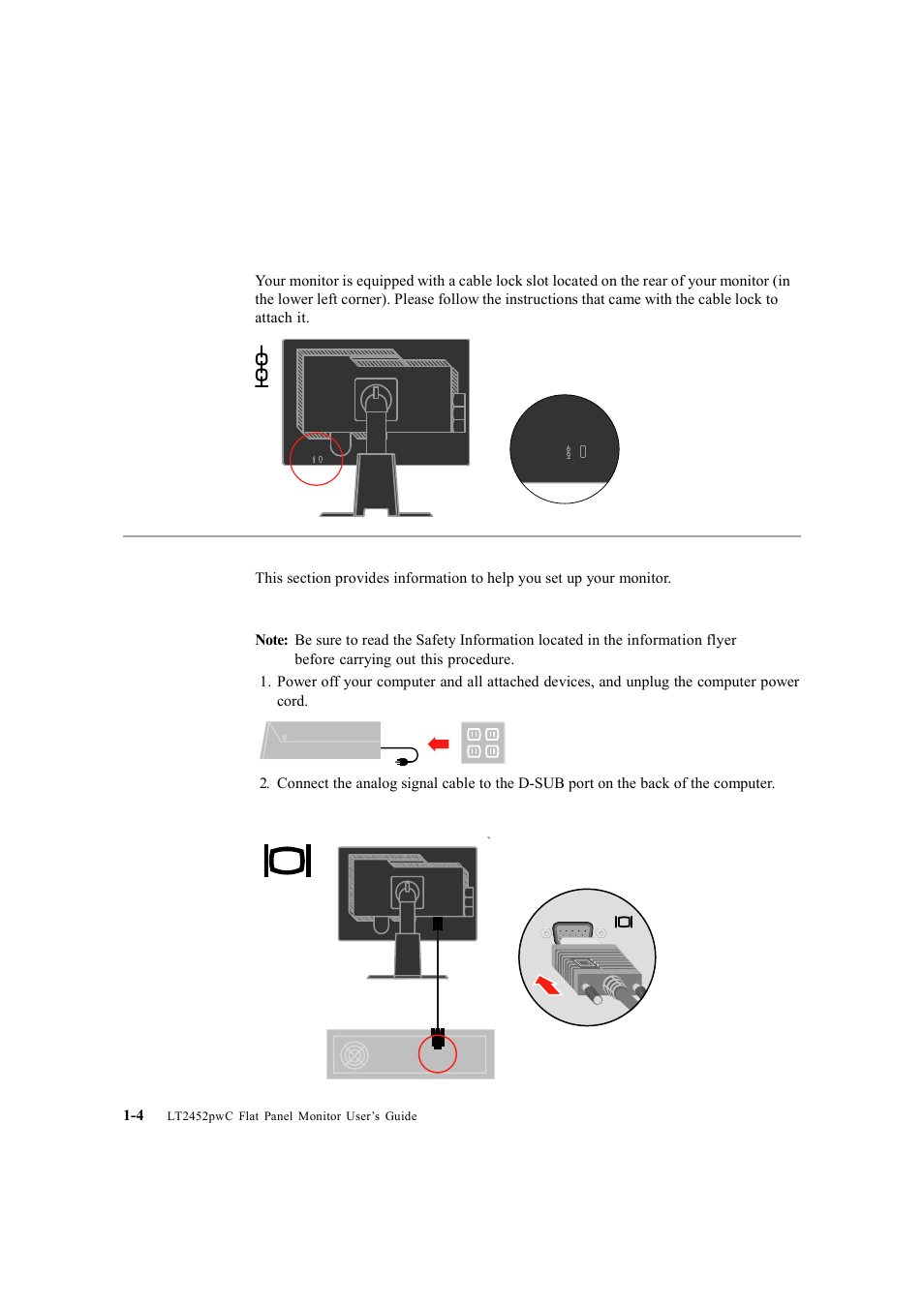 Cable lock slot, Setting up your monitor, Connecting and turning on your monitor | Lenovo ThinkVision LT2452p Wide 24in LCD Monitor User Manual | Page 8 / 42