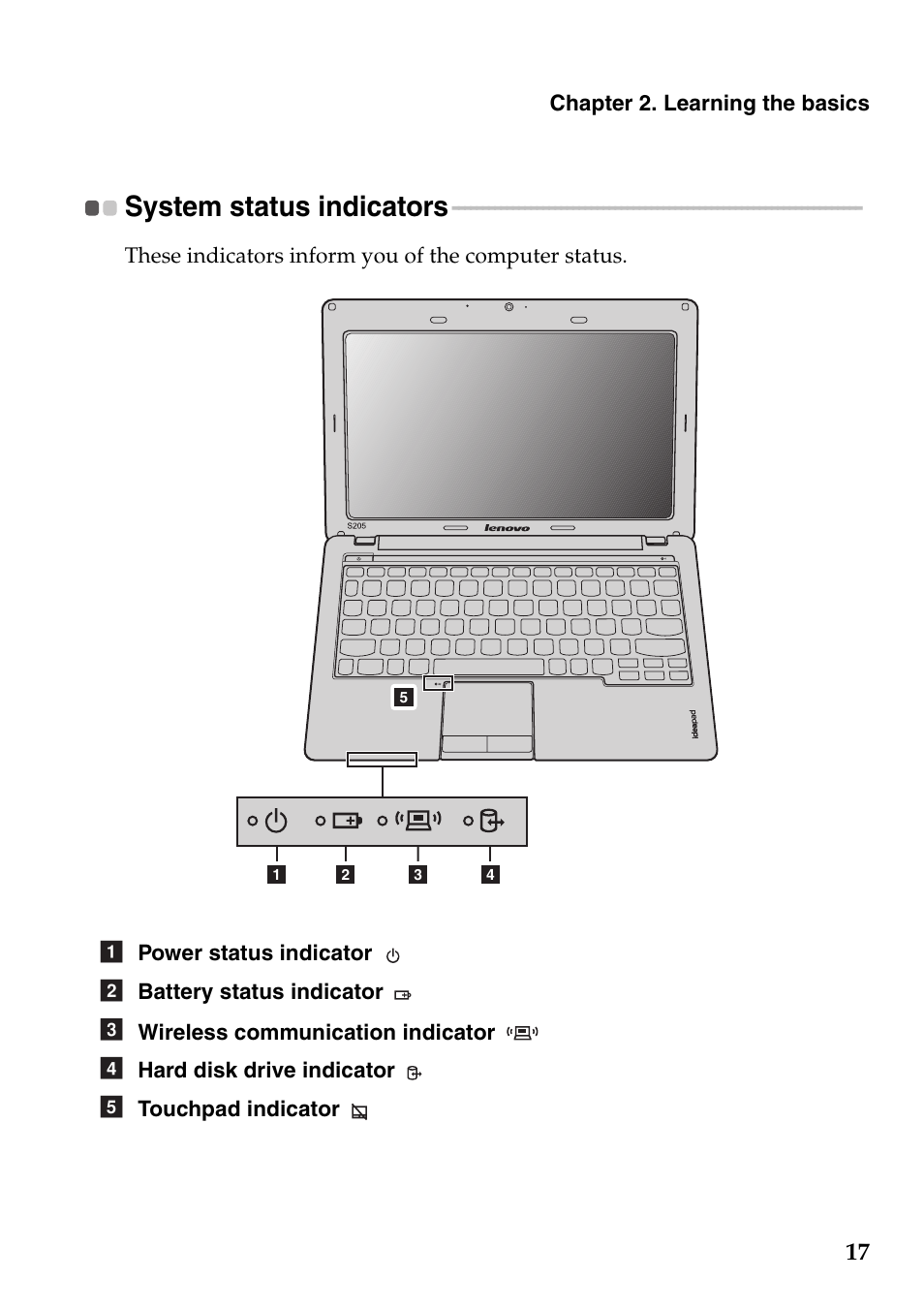 System status indicators | Lenovo IdeaPad S205 User Manual | Page 21 / 46
