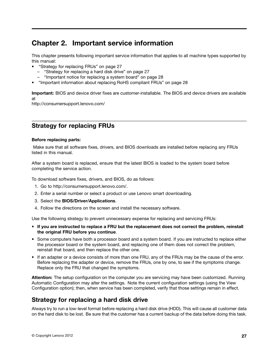 Chapter 2. important service information, Strategy for replacing frus, Strategy for replacing a hard disk drive | Lenovo V570 Notebook User Manual | Page 33 / 96