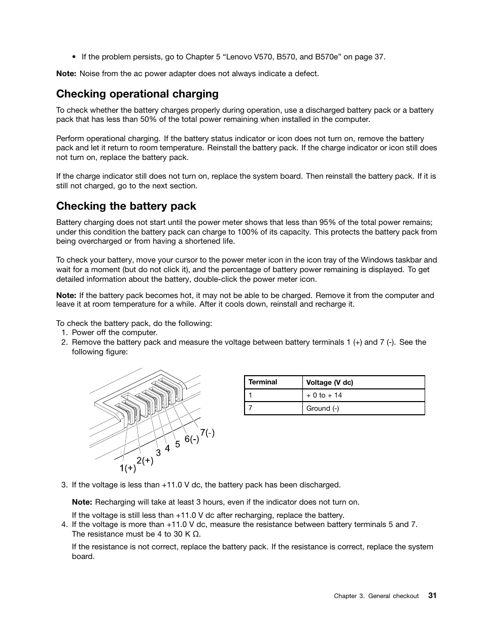 Checking operational charging, Checking the battery pack | Lenovo V570 Notebook User Manual | Page 37 / 96