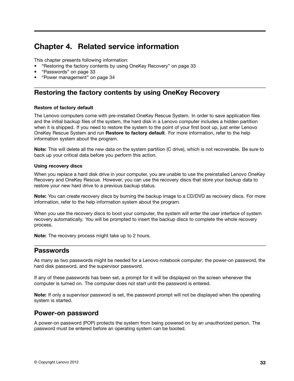 Chapter 4. related service information, Passwords, Power-on password | Lenovo V570 Notebook User Manual | Page 39 / 96