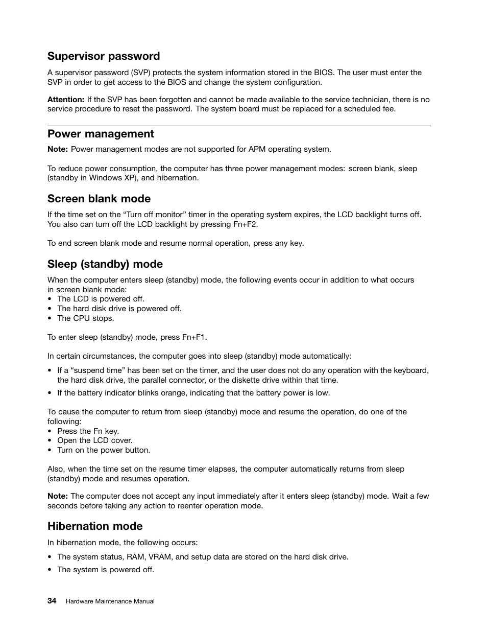 Supervisor password, Power management, Screen blank mode | Sleep (standby) mode, Hibernation mode | Lenovo V570 Notebook User Manual | Page 40 / 96