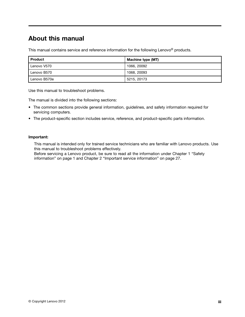 About this manual | Lenovo V570 Notebook User Manual | Page 5 / 96