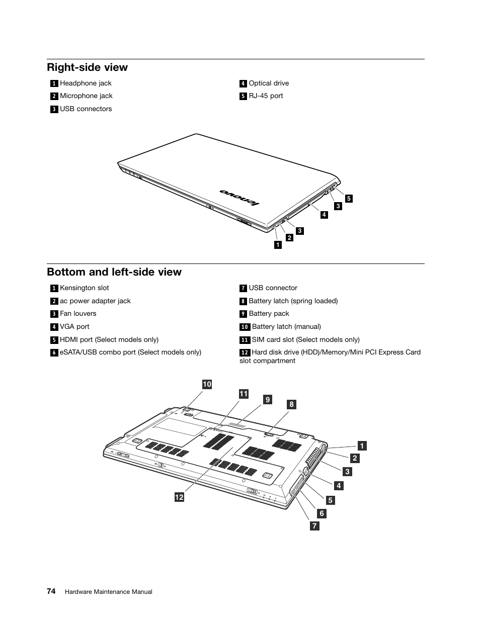 Right-side view, Bottom and left-side view | Lenovo V570 Notebook User Manual | Page 80 / 96