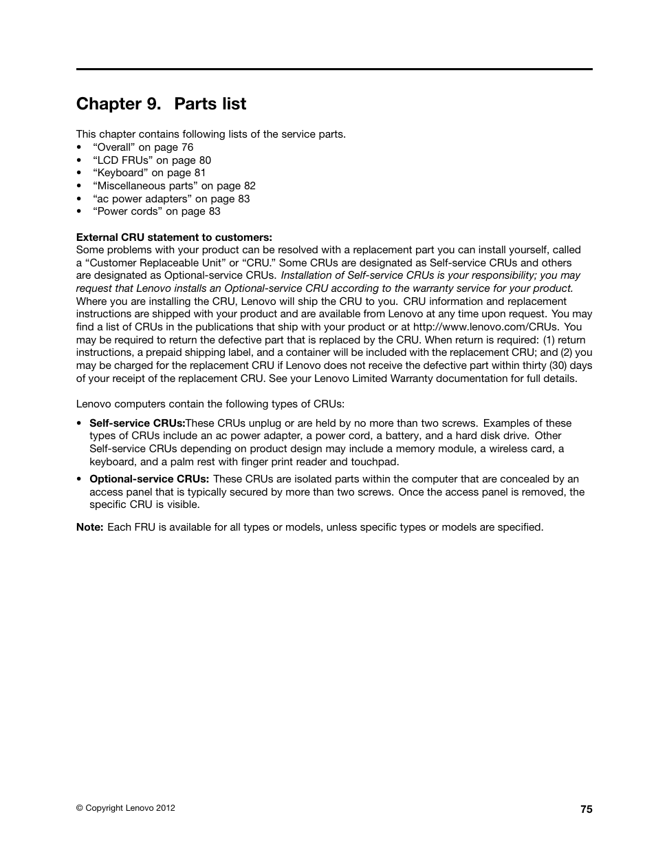 Chapter 9. parts list | Lenovo V570 Notebook User Manual | Page 81 / 96