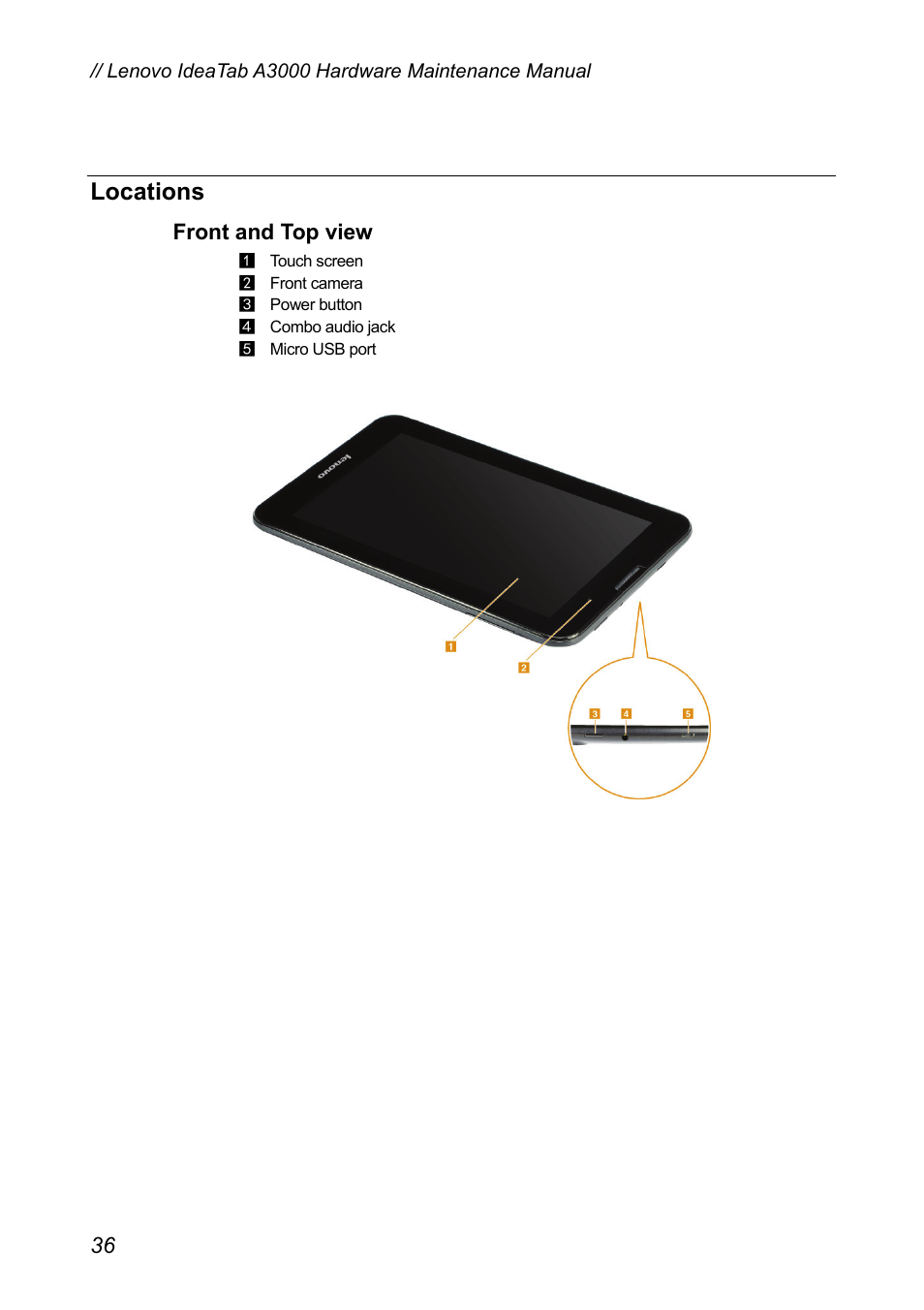 Locations, Front and top view, Front | And top view | Lenovo A3000 Tablet User Manual | Page 40 / 46