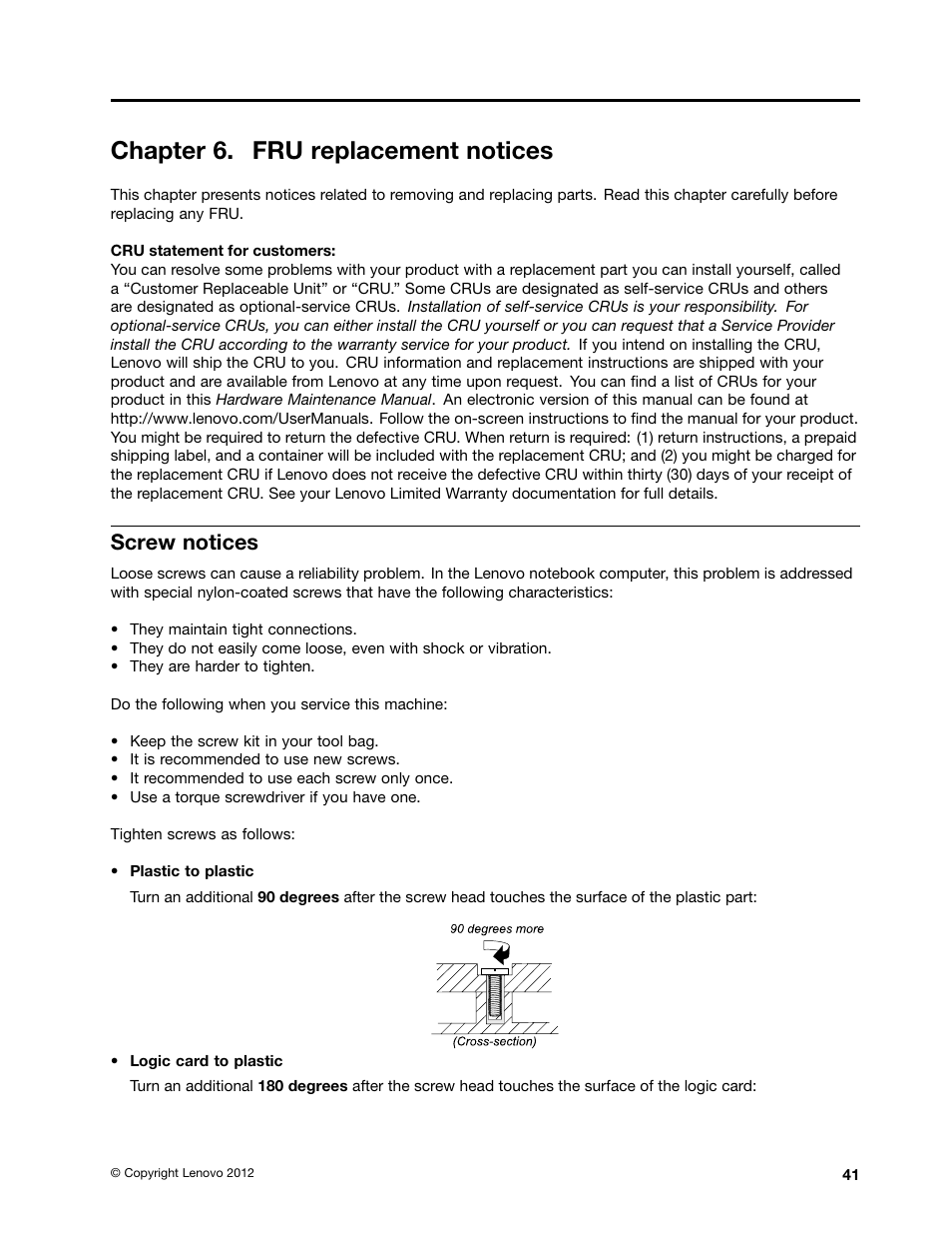 Chapter 6. fru replacement notices, Screw notices | Lenovo B480 Notebook User Manual | Page 47 / 102