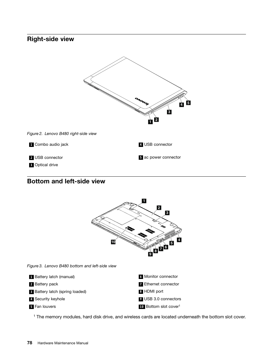Right-side view, Bottom and left-side view | Lenovo B480 Notebook User Manual | Page 84 / 102