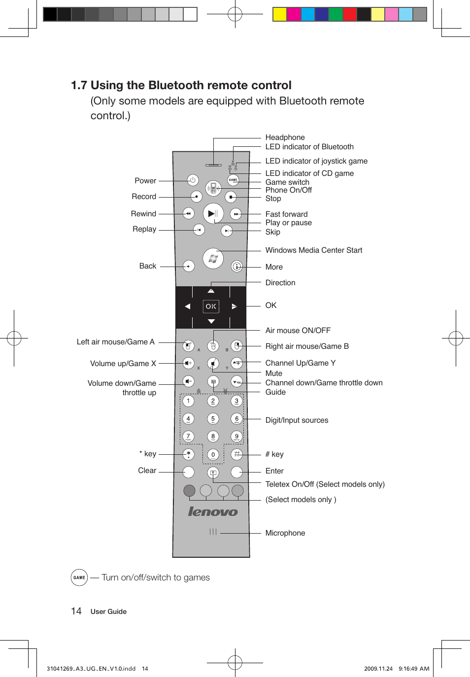 7 using the bluetooth remote control, Turn on/off/switch to games | Lenovo IdeaCentre A300 User Manual | Page 19 / 51
