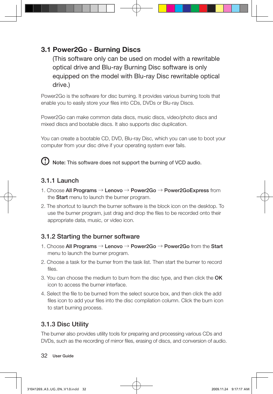 1 power2go - burning discs, 1 launch, 2 starting the burner software | 3 disc utility | Lenovo IdeaCentre A300 User Manual | Page 37 / 51