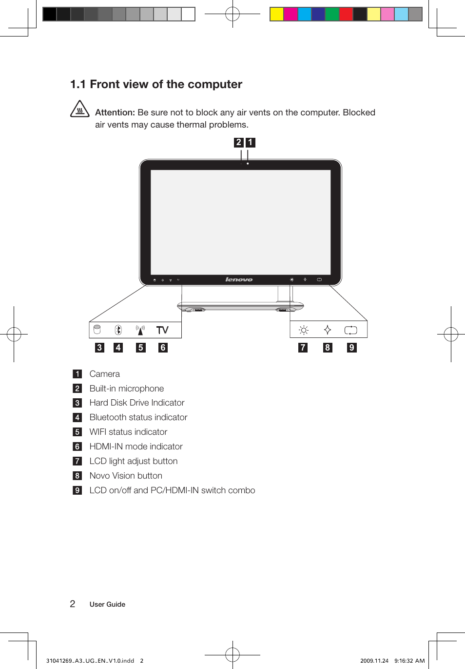 1 front view of the computer | Lenovo IdeaCentre A300 User Manual | Page 7 / 51