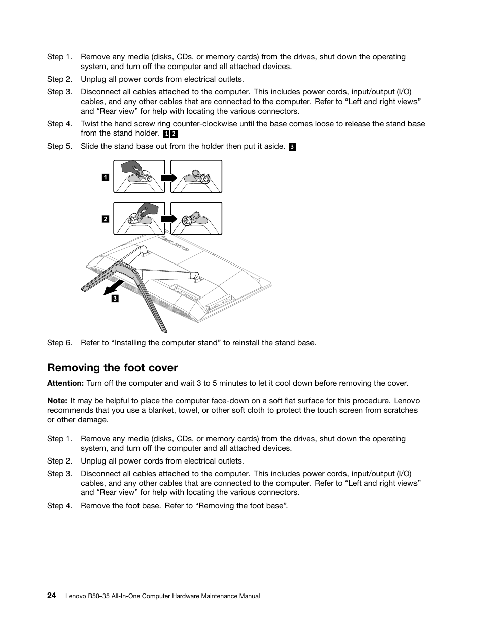 Removing the foot cover | Lenovo B50-35 All in One User Manual | Page 30 / 63