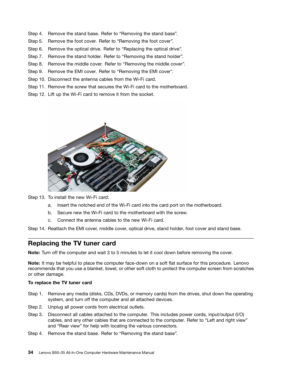 Replacing the tv tuner card | Lenovo B50-35 All in One User Manual | Page 40 / 63