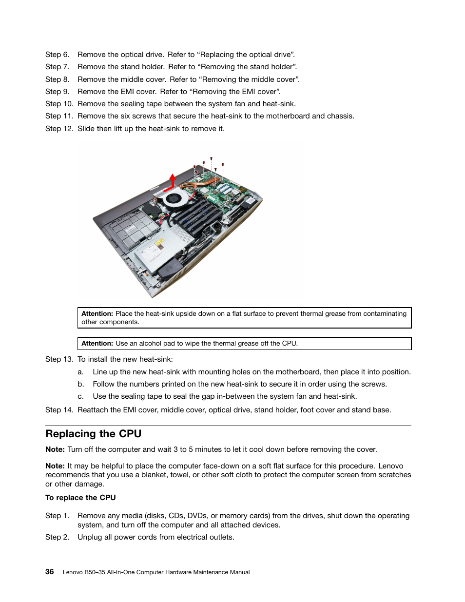 Replacing the cpu | Lenovo B50-35 All in One User Manual | Page 42 / 63