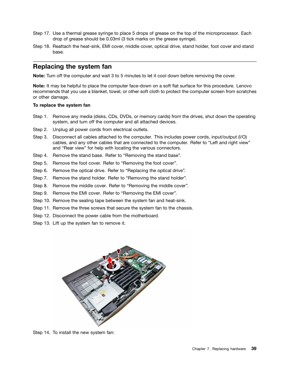 Replacing the system fan | Lenovo B50-35 All in One User Manual | Page 45 / 63