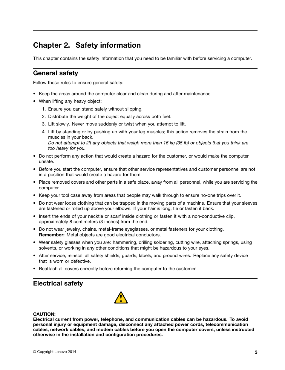 Chapter 2. safety information, General safety, Electrical safety | Lenovo B50-35 All in One User Manual | Page 9 / 63