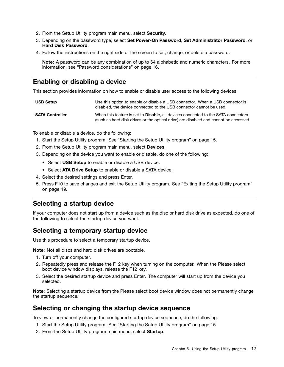 Enabling or disabling a device, Selecting a startup device, Selecting a temporary startup device | Selecting or changing the startup device sequence | Lenovo S310 All-in-One User Manual | Page 27 / 66