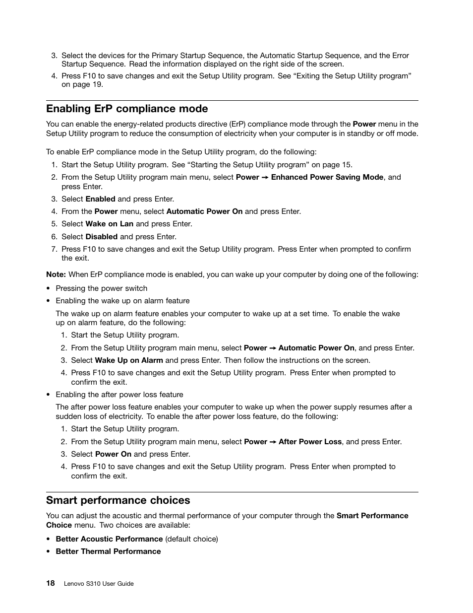Enabling erp compliance mode, Smart performance choices | Lenovo S310 All-in-One User Manual | Page 28 / 66