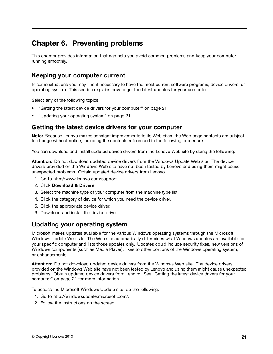 Chapter 6. preventing problems, Keeping your computer current, Updating your operating system | Lenovo S310 All-in-One User Manual | Page 31 / 66