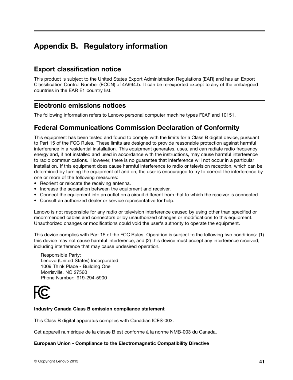 Appendix b. regulatory information, Export classification notice, Electronic emissions notices | Lenovo S310 All-in-One User Manual | Page 51 / 66