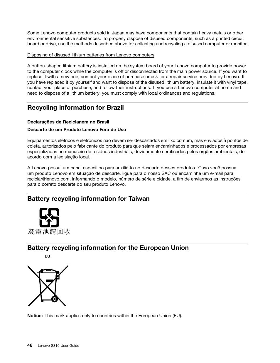 Recycling information for brazil, Battery recycling information for taiwan | Lenovo S310 All-in-One User Manual | Page 56 / 66