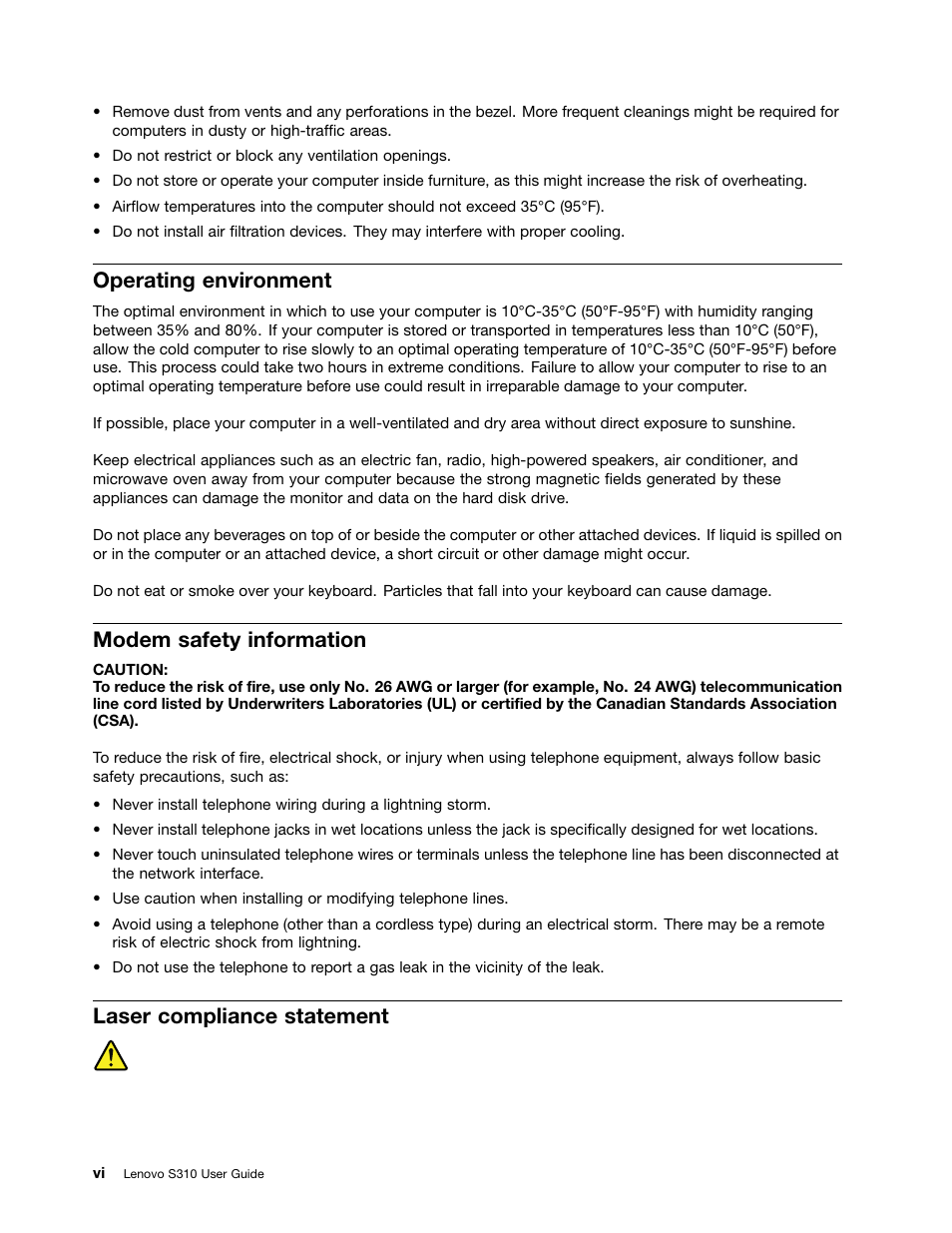 Operating environment, Modem safety information, Laser compliance statement | Lenovo S310 All-in-One User Manual | Page 8 / 66