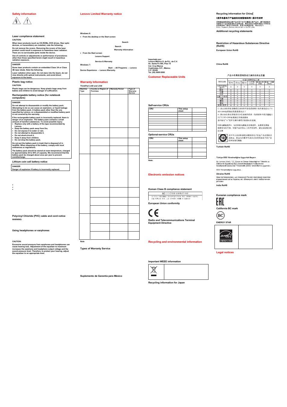 Safety information, Plastic bag notice, Lithium coin cell battery notice | Polyvinyl chloride (pvc) cable and cord notice, Using headphones or earphones, Lenovo limited warranty notice, Warranty information, Types of warranty service, Suplemento de garantía para méxico, Customer replaceable units | Lenovo ThinkPad L430 User Manual | Page 2 / 2