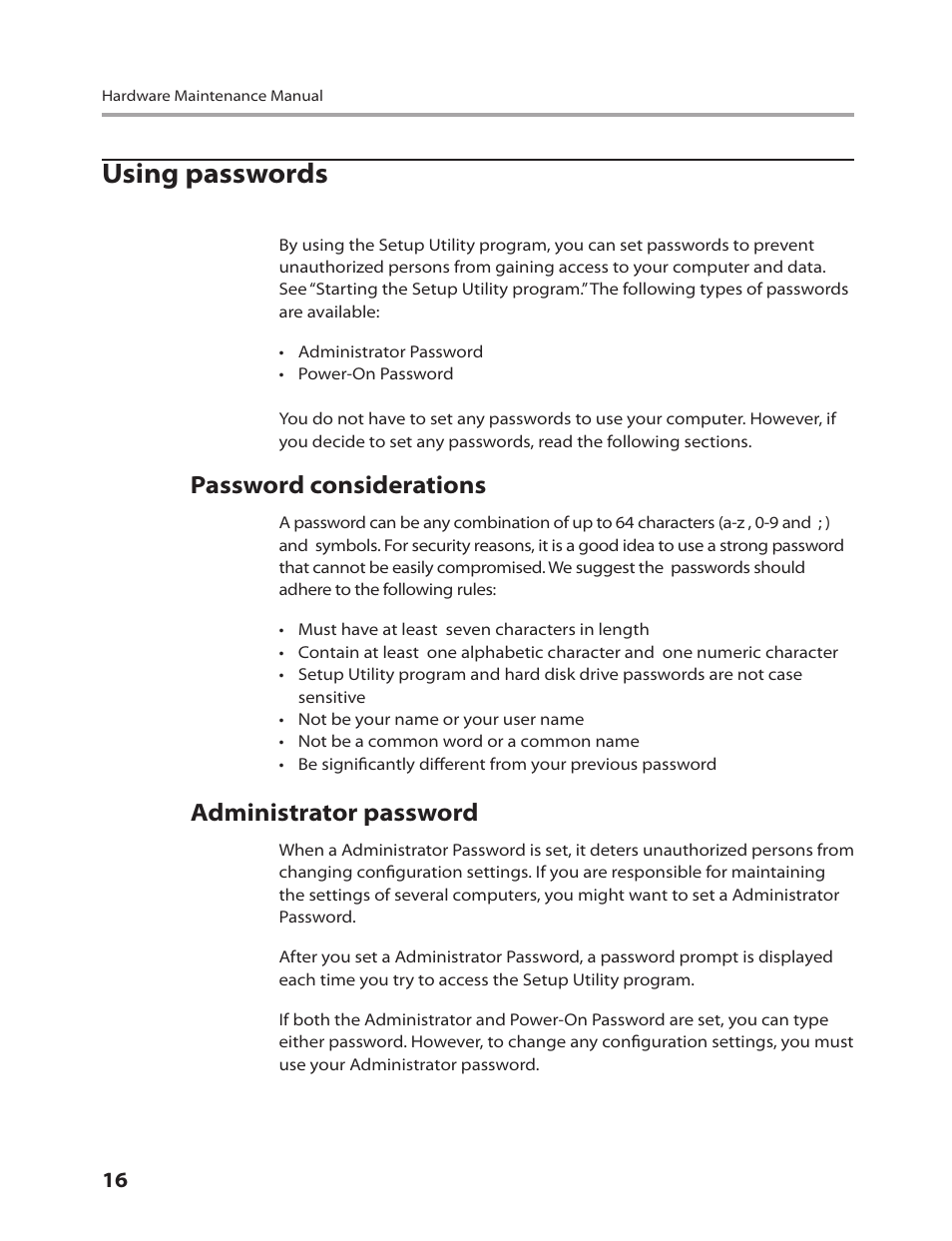 Using passwords, Password considerations, Administrator password | Lenovo IdeaCentre B310 User Manual | Page 18 / 64