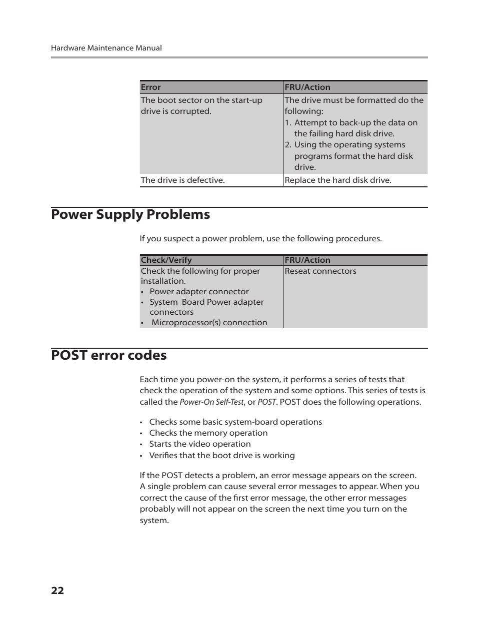 Power supply problems, Post error codes | Lenovo IdeaCentre B310 User Manual | Page 24 / 64