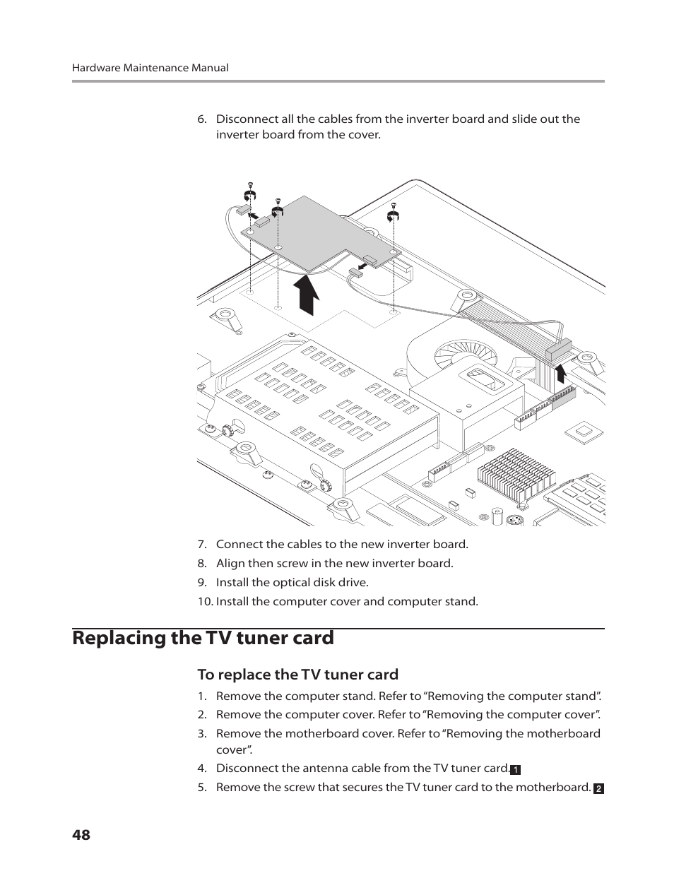 Replacing the tv tuner card | Lenovo IdeaCentre B310 User Manual | Page 50 / 64