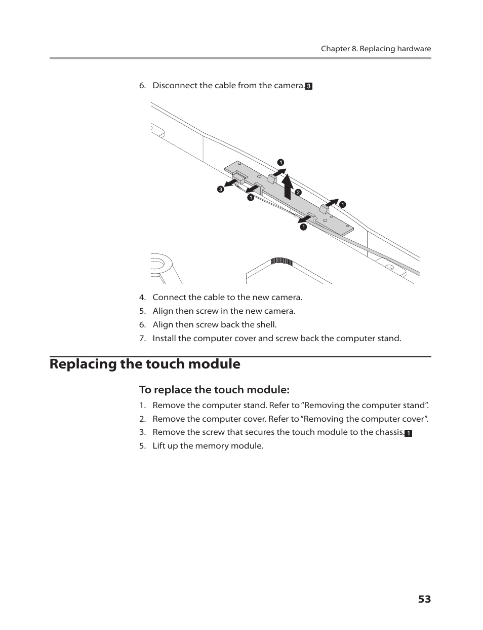 Replacing the touch module | Lenovo IdeaCentre B310 User Manual | Page 55 / 64