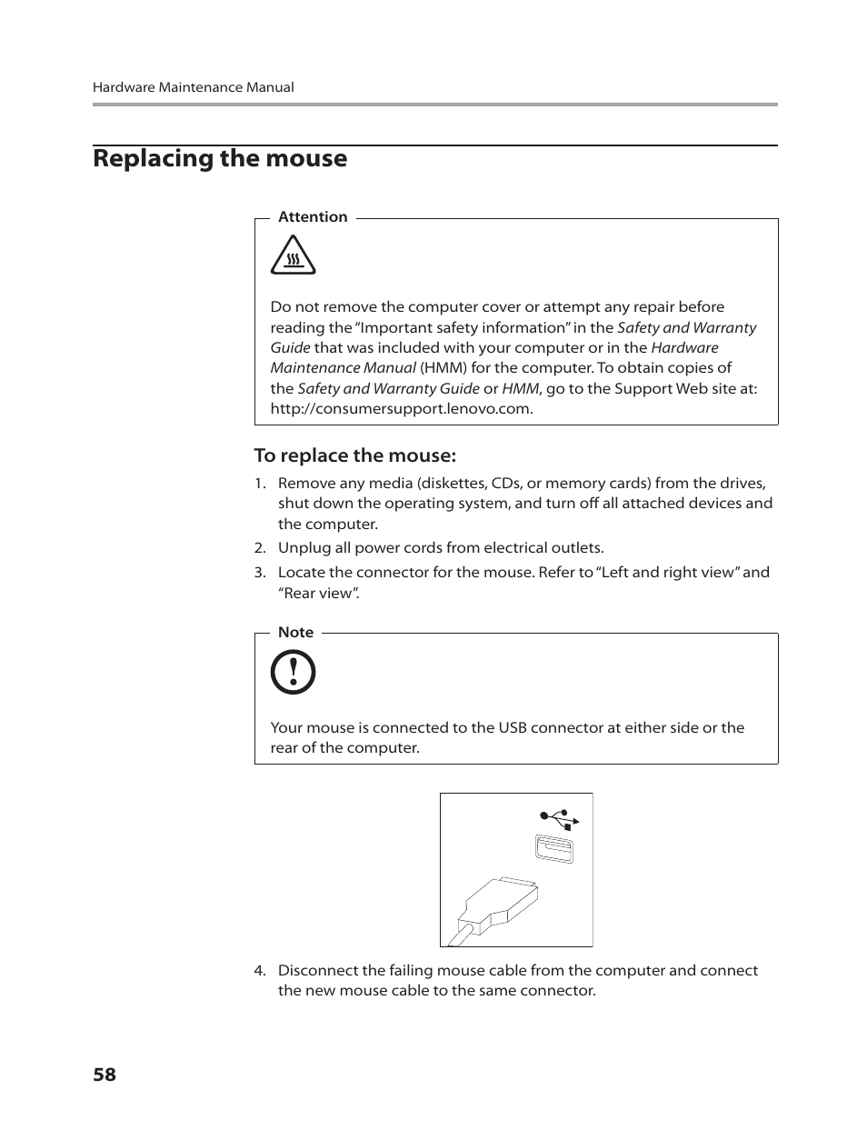 Replacing the mouse | Lenovo IdeaCentre B310 User Manual | Page 60 / 64