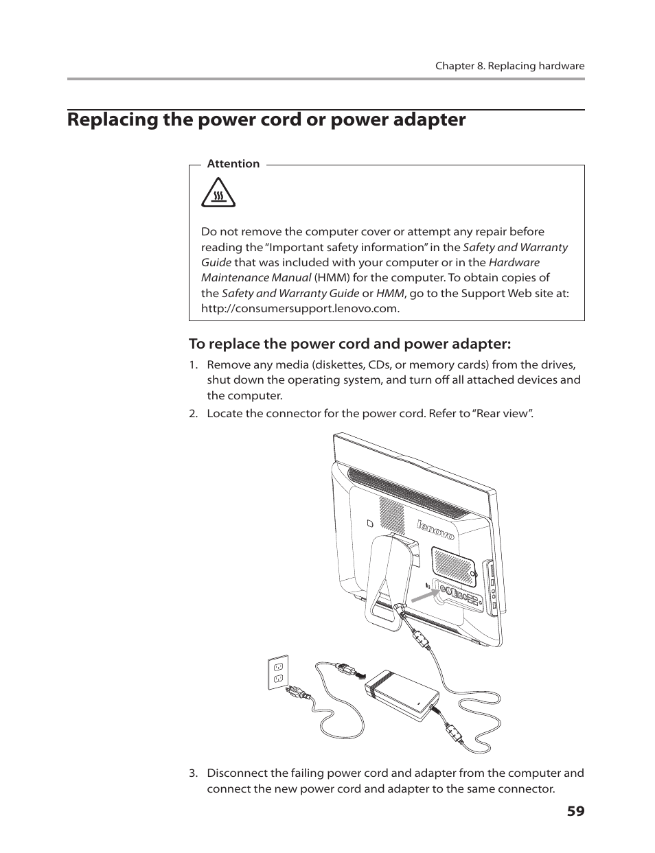 Replacing the power cord or power adapter | Lenovo IdeaCentre B310 User Manual | Page 61 / 64