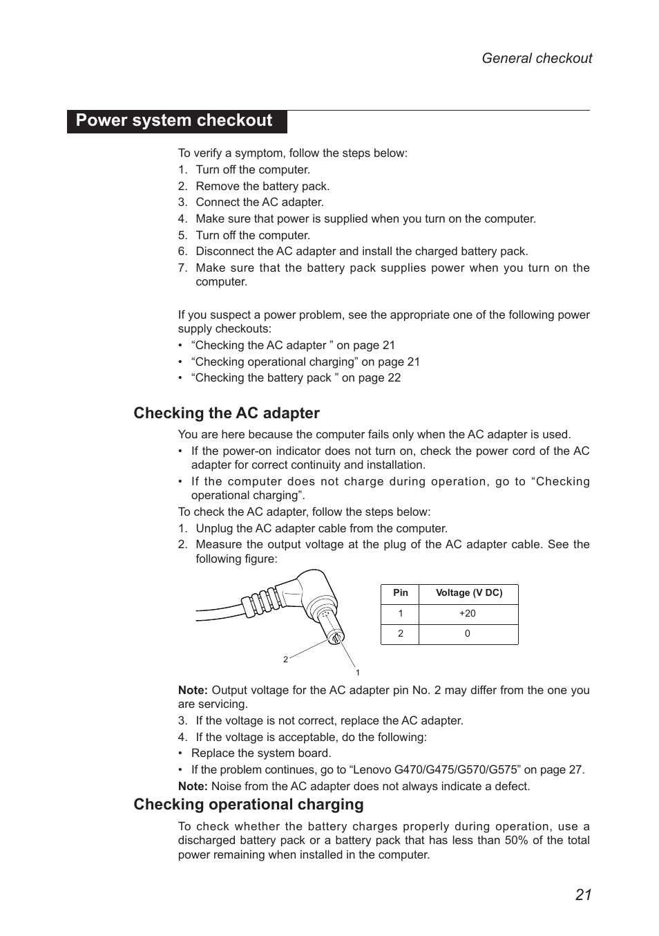Power system checkout, Checking the ac adapter, Checking operational charging | Lenovo G475 Notebook User Manual | Page 25 / 94