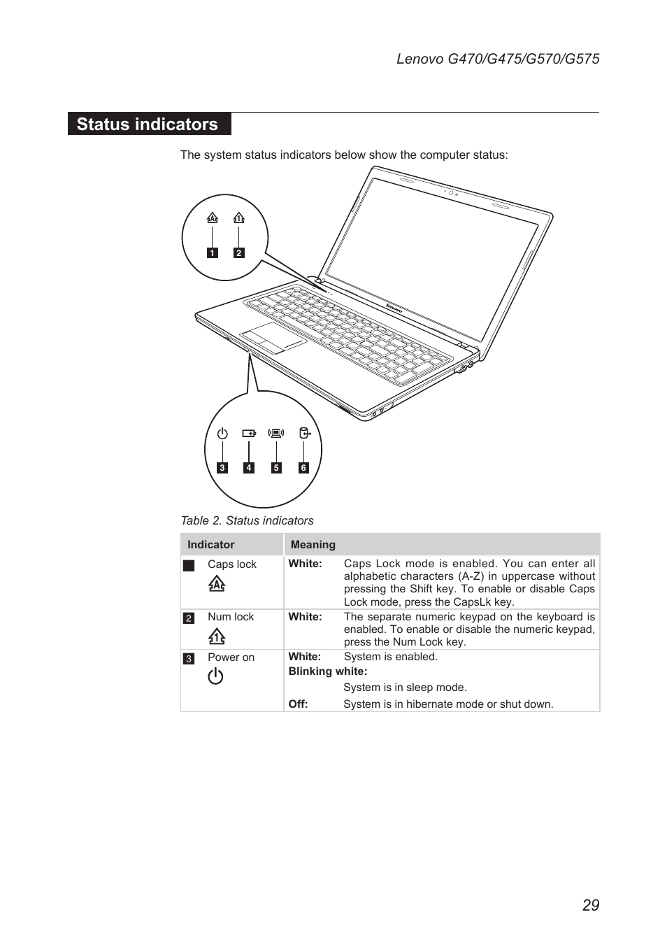 Status indicators | Lenovo G475 Notebook User Manual | Page 33 / 94