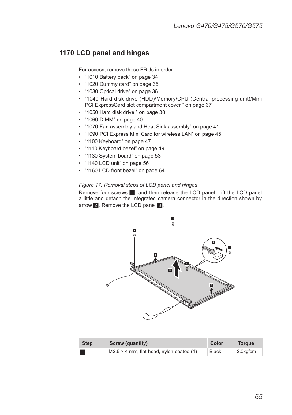 1170 lcd panel and hinges | Lenovo G475 Notebook User Manual | Page 69 / 94